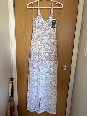 GUESS White Lace Maxi Jumpsuit with Nude Underlay
